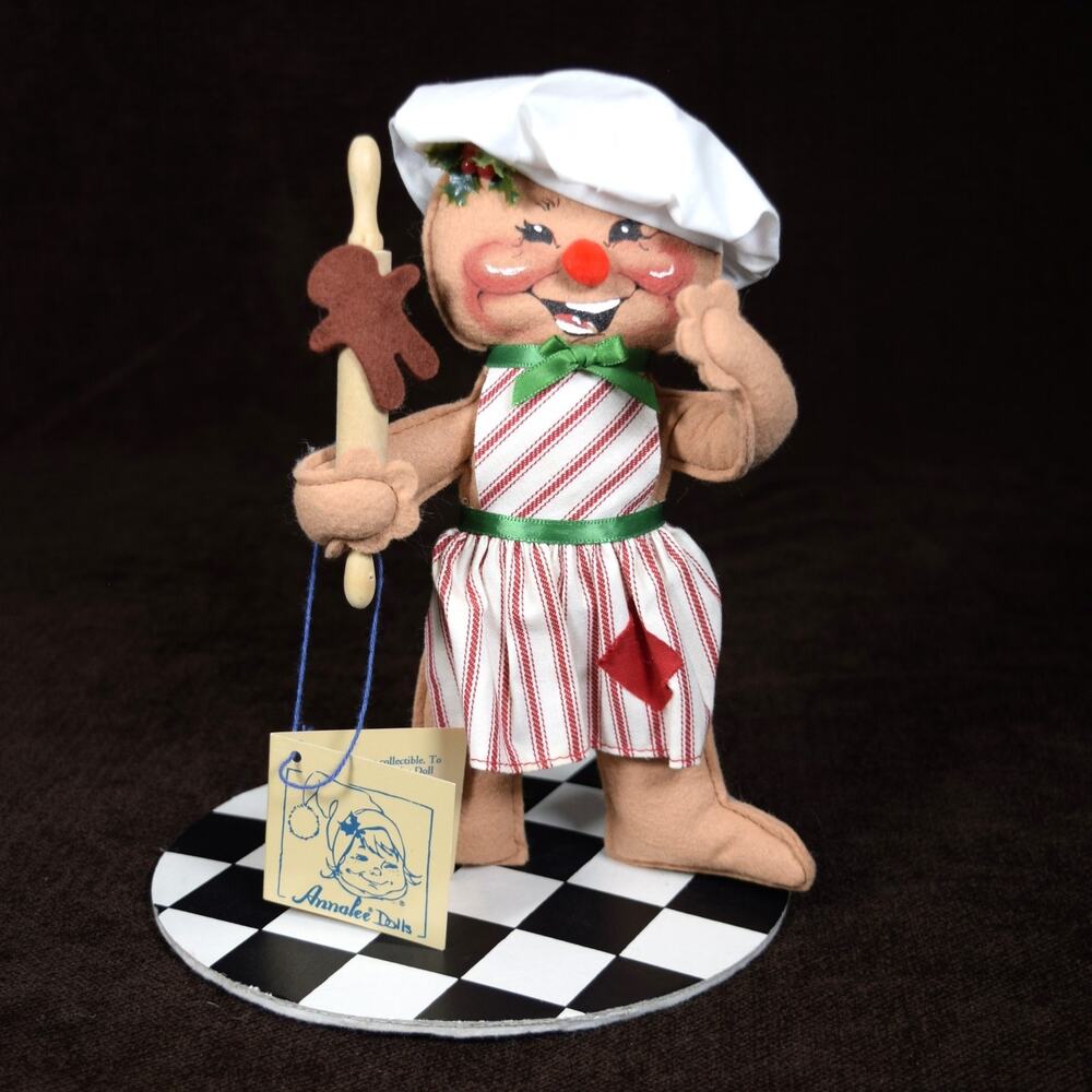 Annalee Mobilitee 9" Doll Vintage 1998 Gingerbreadman Red Striped Apron Chef Hat